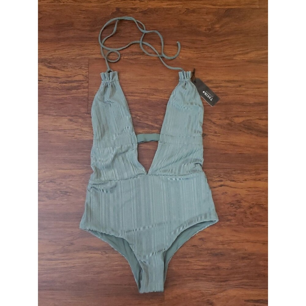 TAVIK Emme Green Slinky Rib One Piece Swimsuit Size S New Boho Trendy Feminine - Picture 4 of 6
